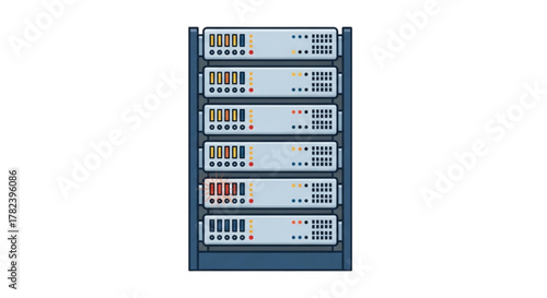 Advanced Data Center Server Rack Illustration: Cloud Computing Infrastructure, Network Hardware Stack, IT Systems Management, High-Performance Storage Array