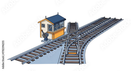Advanced Railway Signal Box Track Switching Illustration: Train Junction Control, Railroad Points Management, Locomotive Routing System, Rail Infrastructure Safety