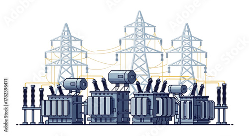 Advanced Electrical Substation Transformer Yard Illustration: High-Voltage Power Distribution, Grid Infrastructure, Transmission Lines, Energy Network Management