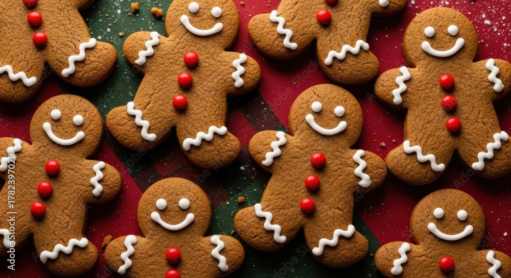 Obraz premium Gingerbread Men A Festive and Delicious Array of Smiling Holiday Treats on a Red Background