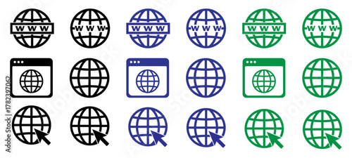 website browser window and www globe icon vector set, Internet globe symbol for webpage and browser design, Global network web icon for digital communication, vector icons. 
