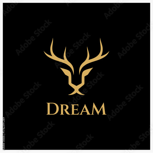 Dream Logo A Golden Deer Head Emblem on Black Background, Symbolizing Dreams and Aspirations