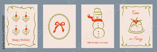Hand drawn la dolce vita Christmas doodles. Vector illustration cards icon, bows, snowman, cake. Minimalist winter line art for birthday, invitations, stationery, printables, social media, wall art.