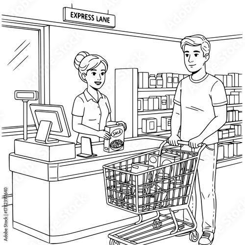 Cashier serving customer at supermarket checkout