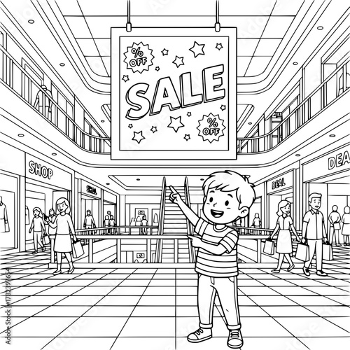 Happy boy shopping in sale mall