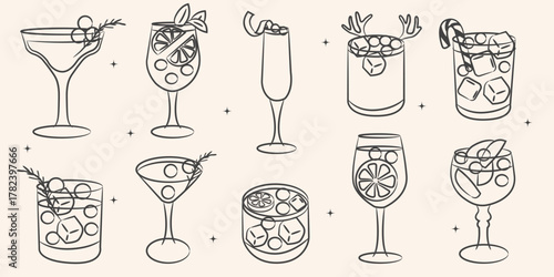 Christmas cocktail doodle set. Minimal line art holiday drinks illustrations. Festive cocktails, wine glasses, and champagne for Invitations, menus.