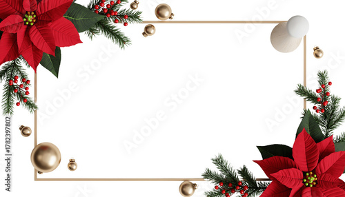 Festive christmas border or frame with red poinsettia flowers, evergreen branches, ornaments, and berries on white background, flat lay composition  