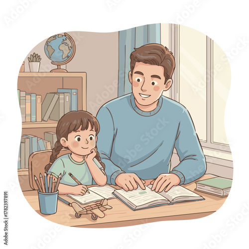 A devoted father provides supportive parental guidance, helping his daughter with her homework, fostering a nurturing learning environment at home