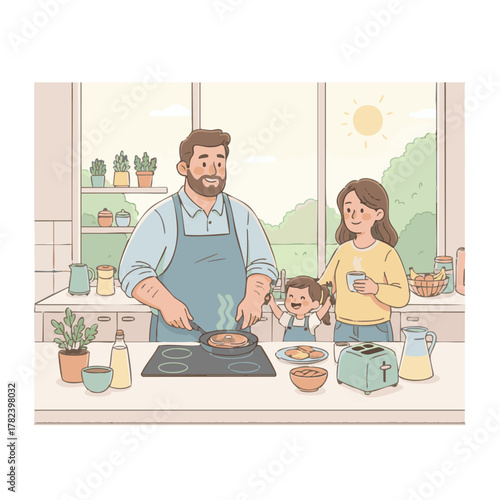 Family Breakfast Time Father Cooking Pancakes with Daughter and Mother