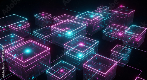 Neon blocks glow vibrantly in a futuristic cyber space, perfect for tech, gaming, or modern design projects