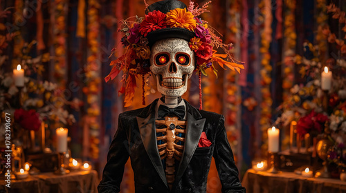 Day of the Dead, with a  skeleton as its base, decorated with vibrant silk flowers