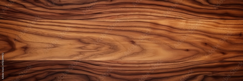 Naklejka premium A close-up view of polished wood grain showcasing intricate patterns and rich colors, emphasizing natural beauty and texture.