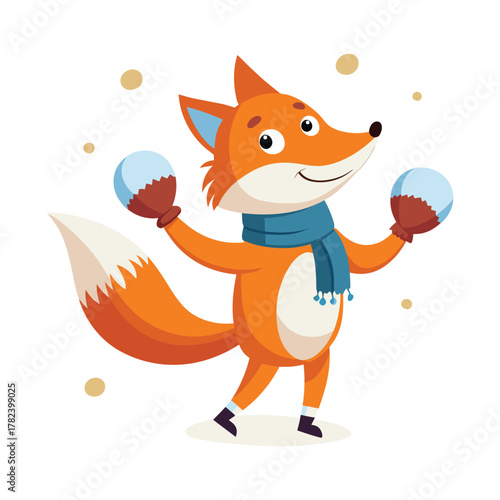Cartoon fox in blue scarf and mittens holding snowballs animal winter