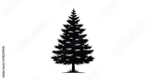 Pine tree silhouette, black and white forest graphic, evergreen nature art, conifer shape, wilderness design, holiday symbol, outdoor illustration