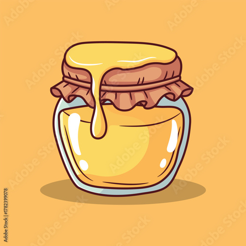 Cute Honey Jar with Dripping Golden Syrup and Paper Lid – Whimsical Vector Illustration for Sweet Food and Packaging Themes