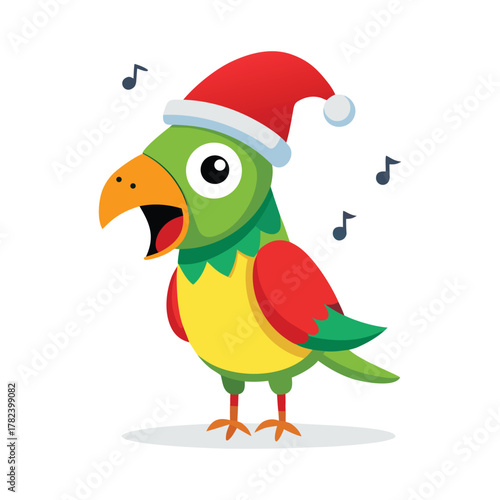 Cartoon green parrot wearing Santa hat singing Christmas carols bird yellow