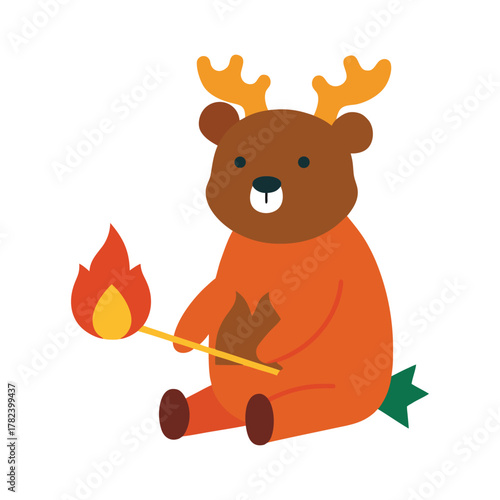 Cute cartoon bear with antlers holding a lit matchstick fire