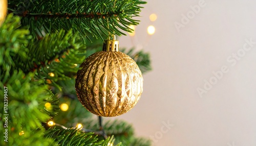 Close-up of elegant fir branches adorned with golden Christmas bauble, festive holiday decoration background
