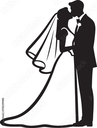 Elegant silhouette of a bride and groom kissing on their wedding day