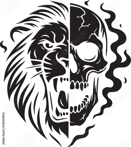 Striking black and white graphic design merging a fierce lion head with a detailed human skull