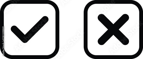 Check mark icon set. Check box icon with right and wrong buttons and yes or no checkmark icons in green tick box and red cross. vector illustration .