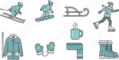 Collection of winter sport and clothing icons representing cold weather activities and apparel