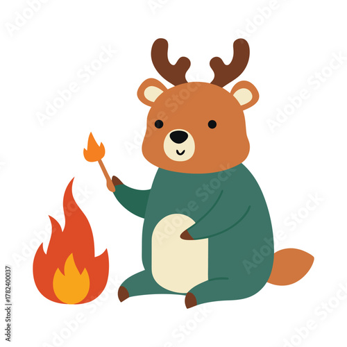 Cute cartoon reindeer holding lit match near orange campfire animal illustration