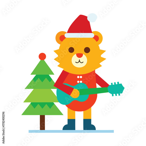 Orange cartoon bear in Santa hat plays turquoise guitar near green Christmas tree
