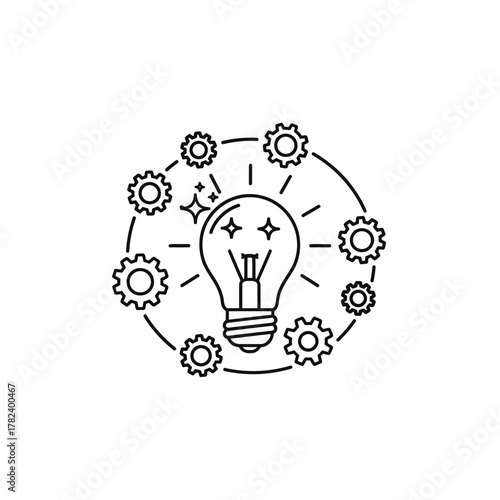 Creative lightbulb surrounded by gears representing innovation and ideas generation.