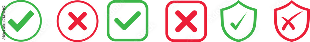 Fototapeta premium Check mark icon set. Check box icon with right and wrong buttons and yes or no checkmark icons in green tick box and red cross. vector illustration .