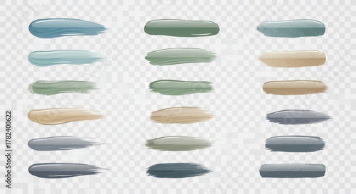 A set of artistic paint brush strokes in soft, muted earth tones of blue, green, and beige, isolated on a transparent background.