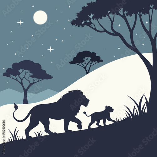 Majestic lion and cub walking across the savanna under a starry night sky