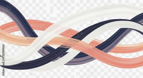 Intertwined wavy brush strokes in dark blue, white, and peach create a flowing abstract pattern.