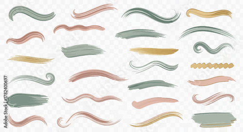 A collection of decorative hand-painted brush strokes, swirls, and underlines in muted green, pink, and gold.