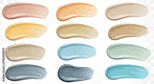 A diverse palette of realistic cosmetic cream swatches in various skin tones, blues, and greens.