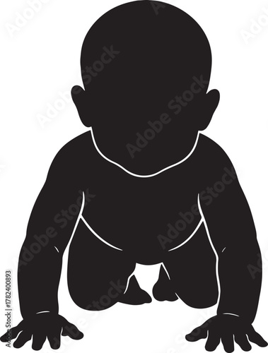 Silhouette of a baby crawling on hands and knees against a white background