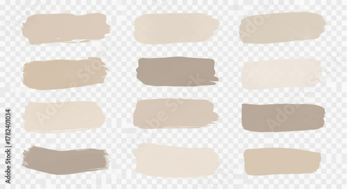 A collection of hand-painted brush strokes in various neutral earth tones like beige, cream, and taupe, isolated on a transparent background.