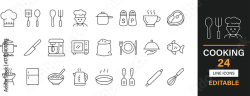 Cooking 24 editable line icons pack. kitchen, chef, food, utensils, cookware, meal, recipe, cuisine, restaurant, kitchenware, gastronomy, culinary and more icons.