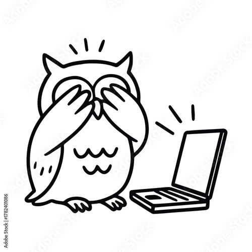 Cartoon owl covering eyes in front of glowing laptop screen in black and white line style, vector, tracing