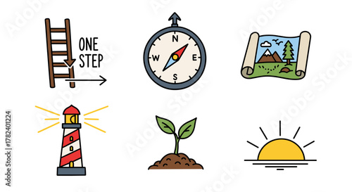 Sunrise with lighthouse, compass, map, plant, and ladder symbols representing growth  
