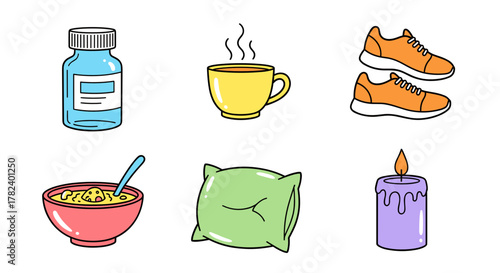 Various items for self-care including tea, sneakers, and candle  