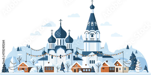 Festive Snowy Village Scene Featuring a Russian Orthodox Church with Blue Domes and Decorative Lights Under a Winter Sky