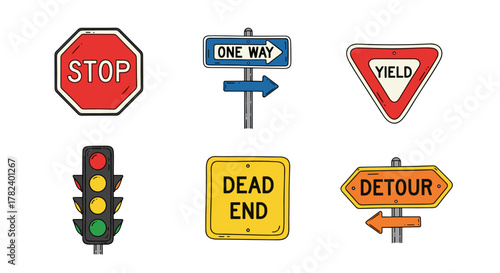 Set of traffic signs including stop, yield, and detour indicators  