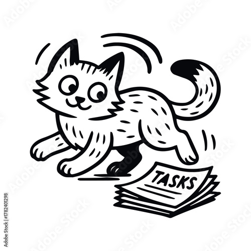 Cartoon cat playfully disrupting stack of “Tasks” papers in black and white line style, vector, tracing