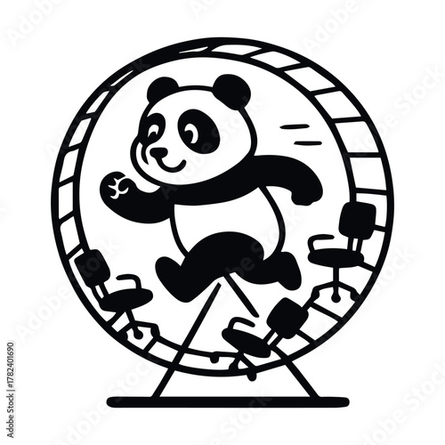 Cartoon panda running in hamster wheel lined with office chairs in black and white line style, vector, tracing