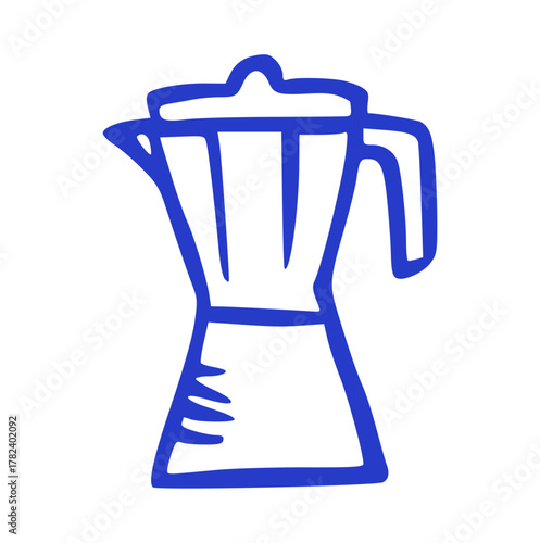 Hand Drawn Moka Pot Coffee Maker, Blue Doodle on White Background. Doodle and Sketchy Style, Cafe, Espresso, Italian, Stovetop, Brewing, Vintage