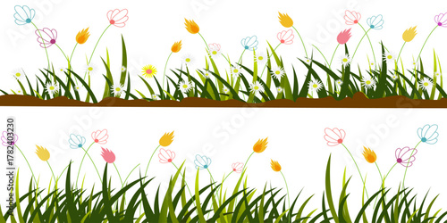 spring grass and flowers.  Green Grass seamless set