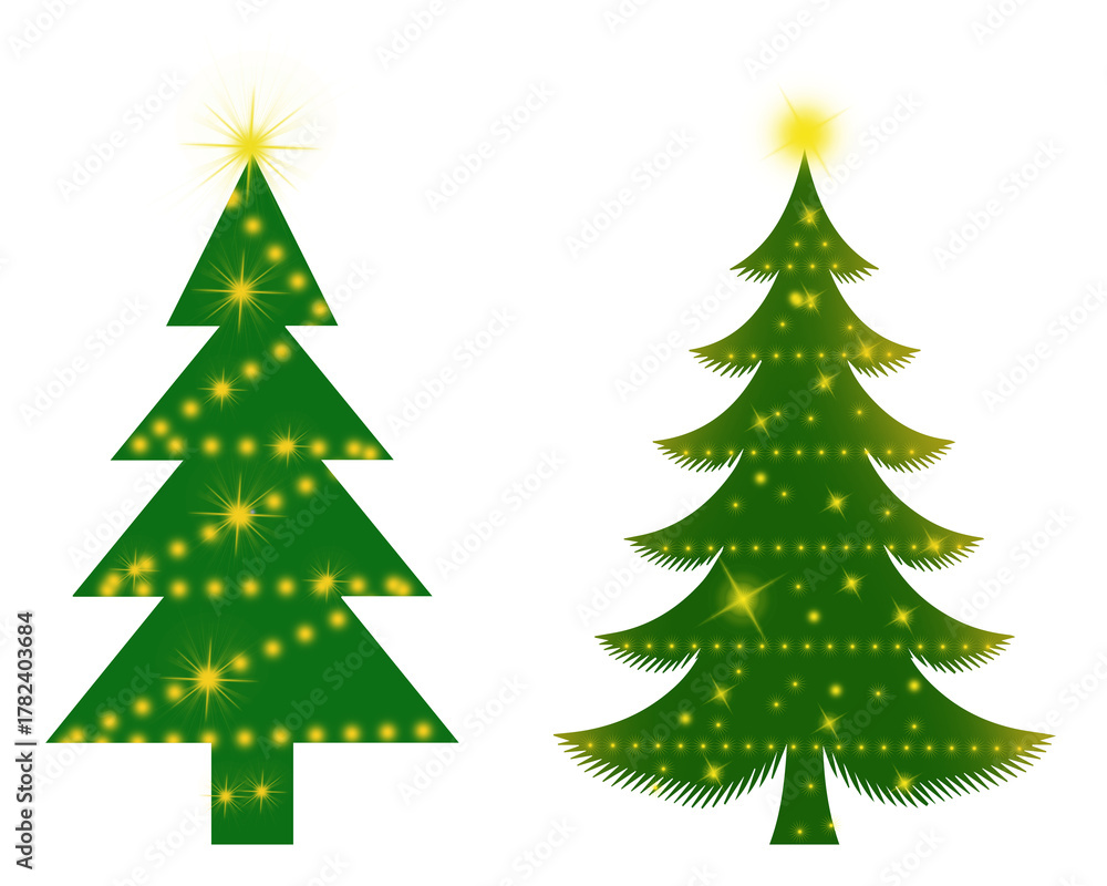 Obraz premium Two vibrant green Christmas tree illustrations adorned with shimmering yellow lights and bright star-like toppers, symbolizing holiday spirit and festive cheer