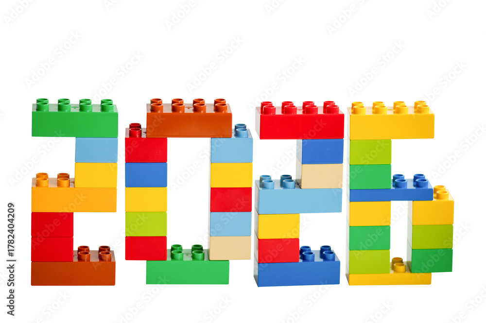Obraz premium The numbers 2026 made of plastic building blocks Lego on a white background.