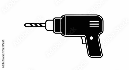 Simple black and white icon illustration of a power drill with a visible drill bit, representing construction and home improvement.
